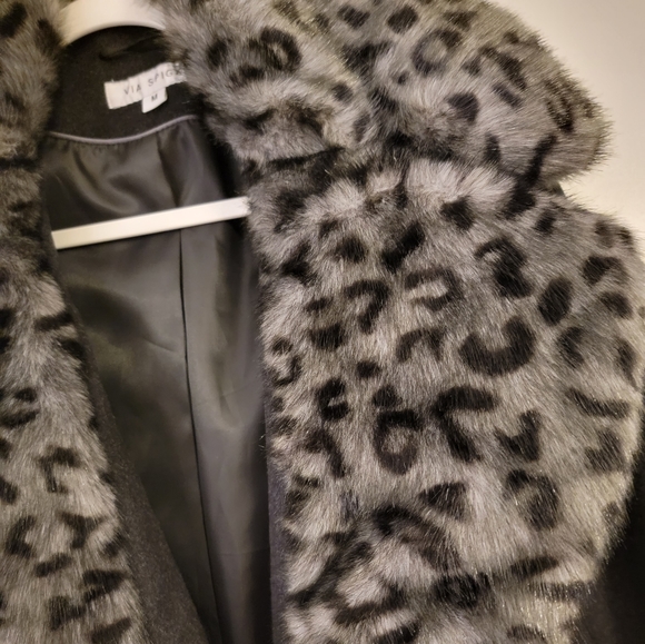 VIA SPIGA WOOL LEOPARD FUR LONG PEA COAT WINTER JACKET SIZE MEDIUM - Picture 12 of 15